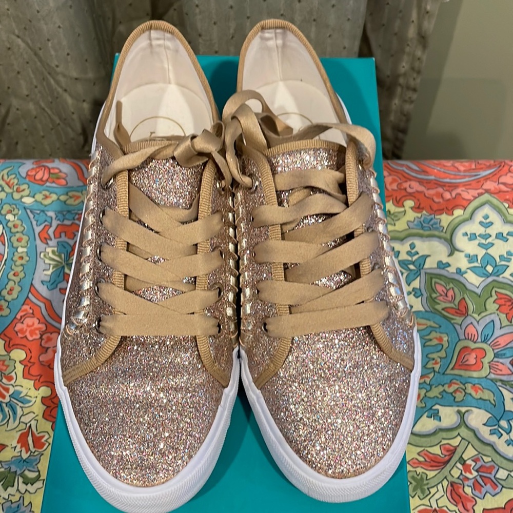 Jack Rogers Carter Gold Glitter Metallic Lace Up Shoes Sneakers Size 7